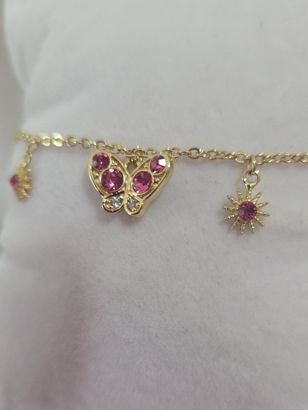 18k Laminated Gold Gold Butterfly Charm Bracelet with Pink Crystals